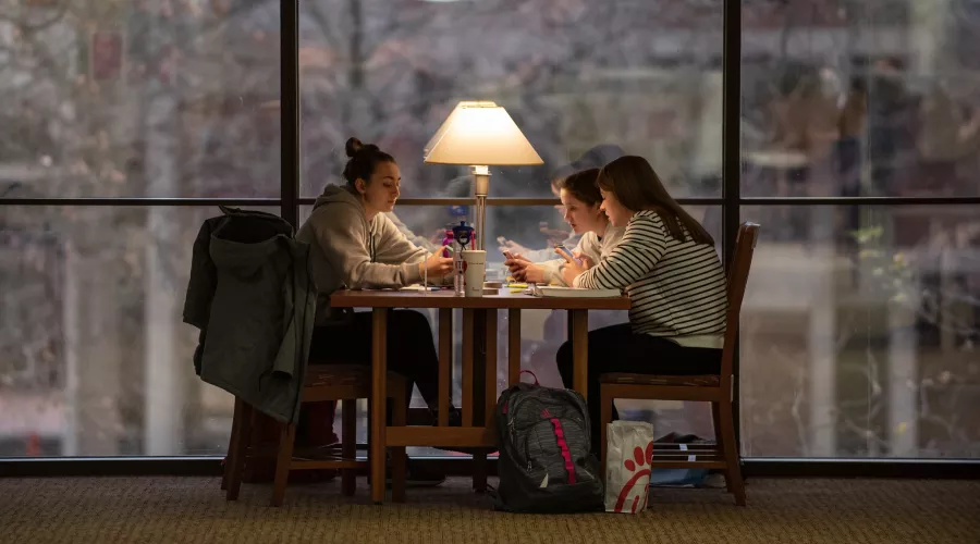 Three students study together at a table near the windows in Ekstrom Library
