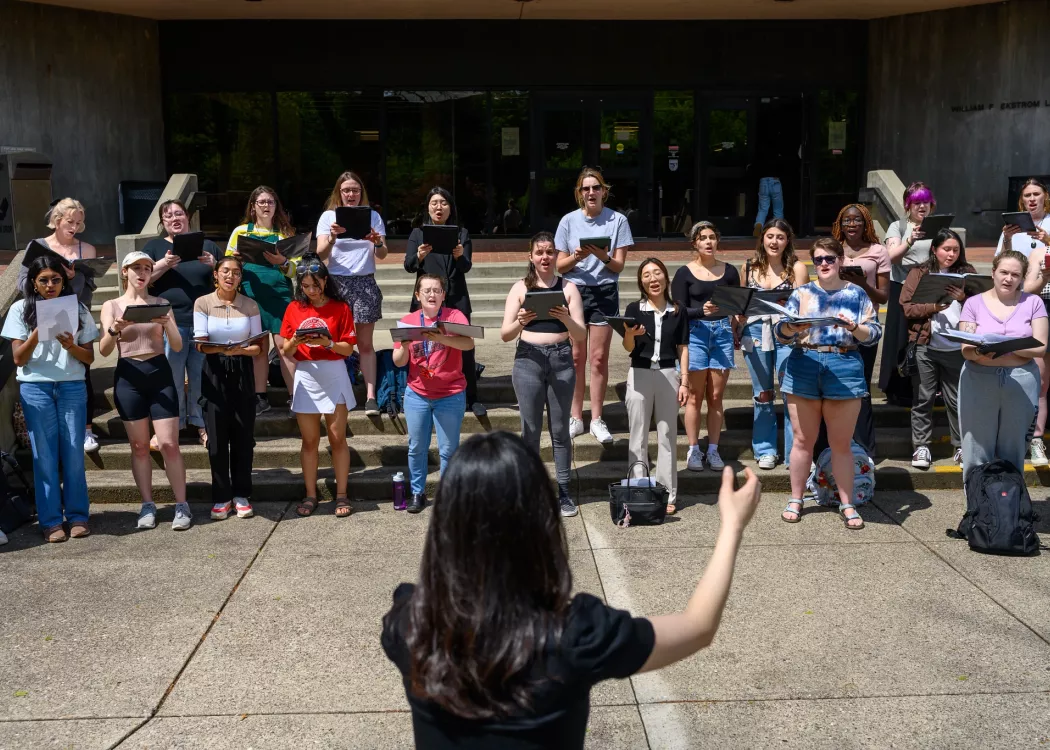 A group of music students performing outside Ekstrom Library