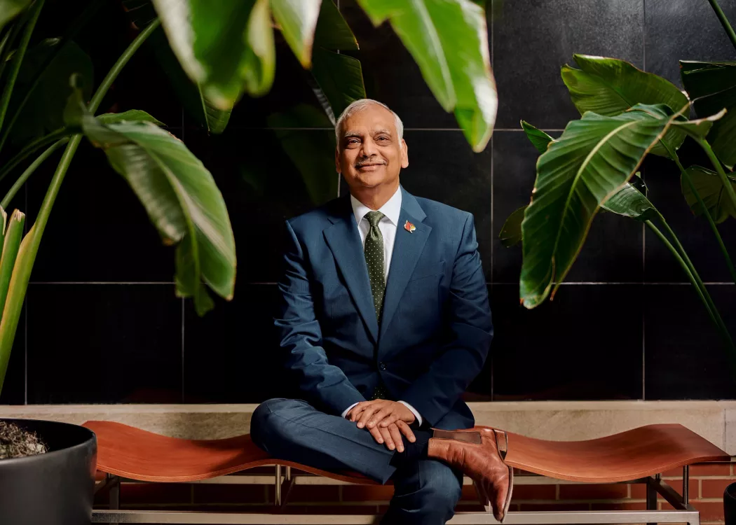 A man in a blue suit seated on a wavy wooden bench among green potted palms