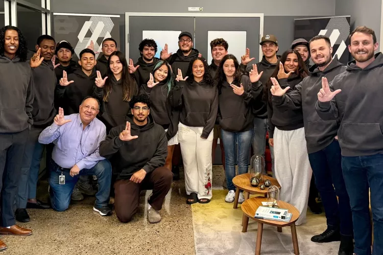 A large group of students in a lobby